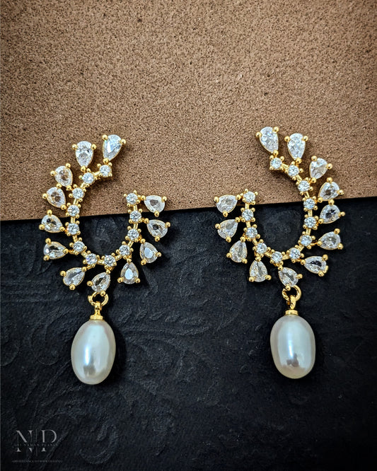 ROYAL REAL PEARLS EARRINGS WITH CZ WORK.